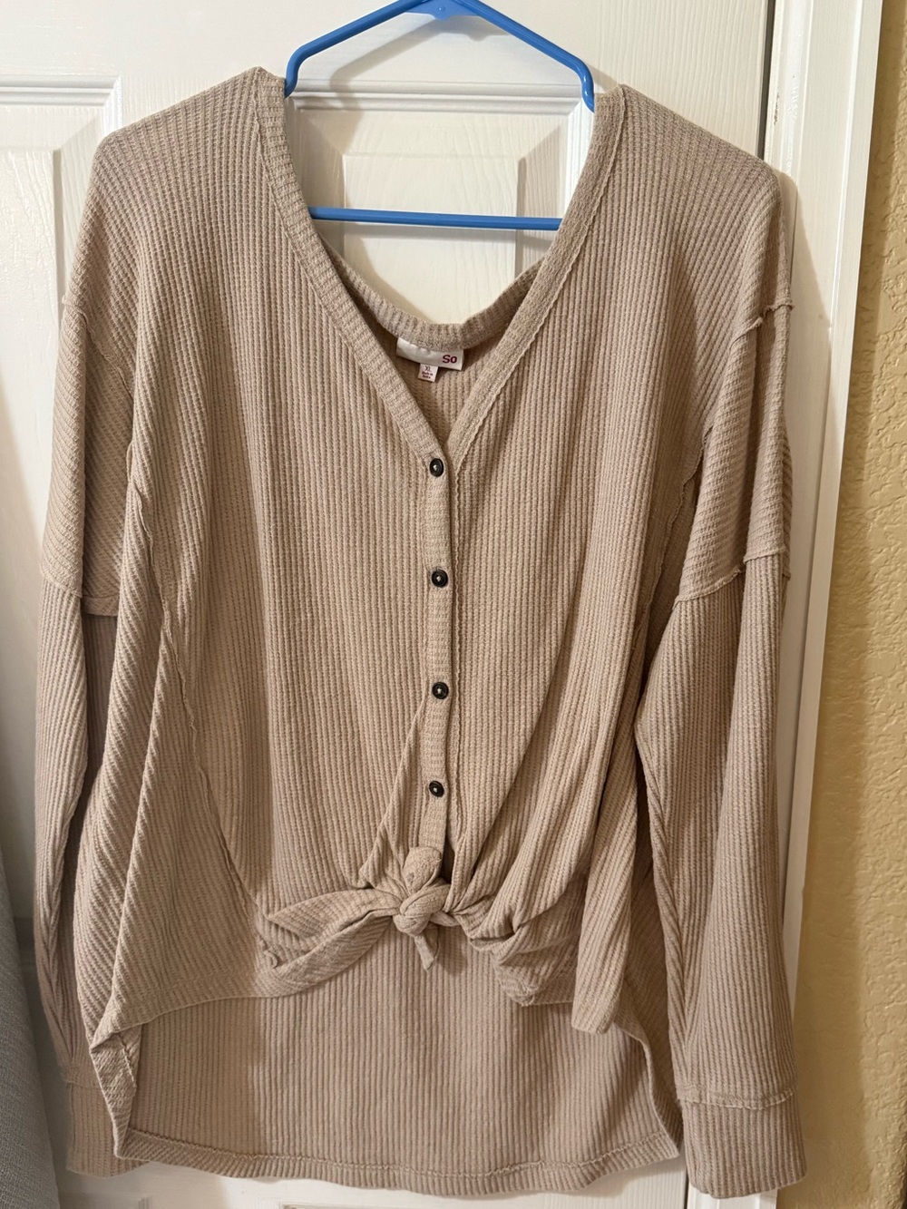 SO Beige Waffle Knit Button-Front Long Sleeve Top with Front Tie